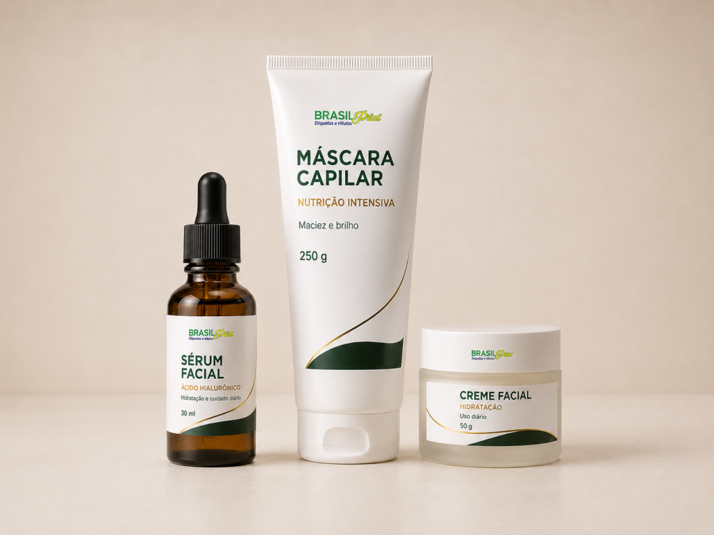 Mockup horizontal de sérum, máscara capilar e creme com rótulos BOPP Brasil Print