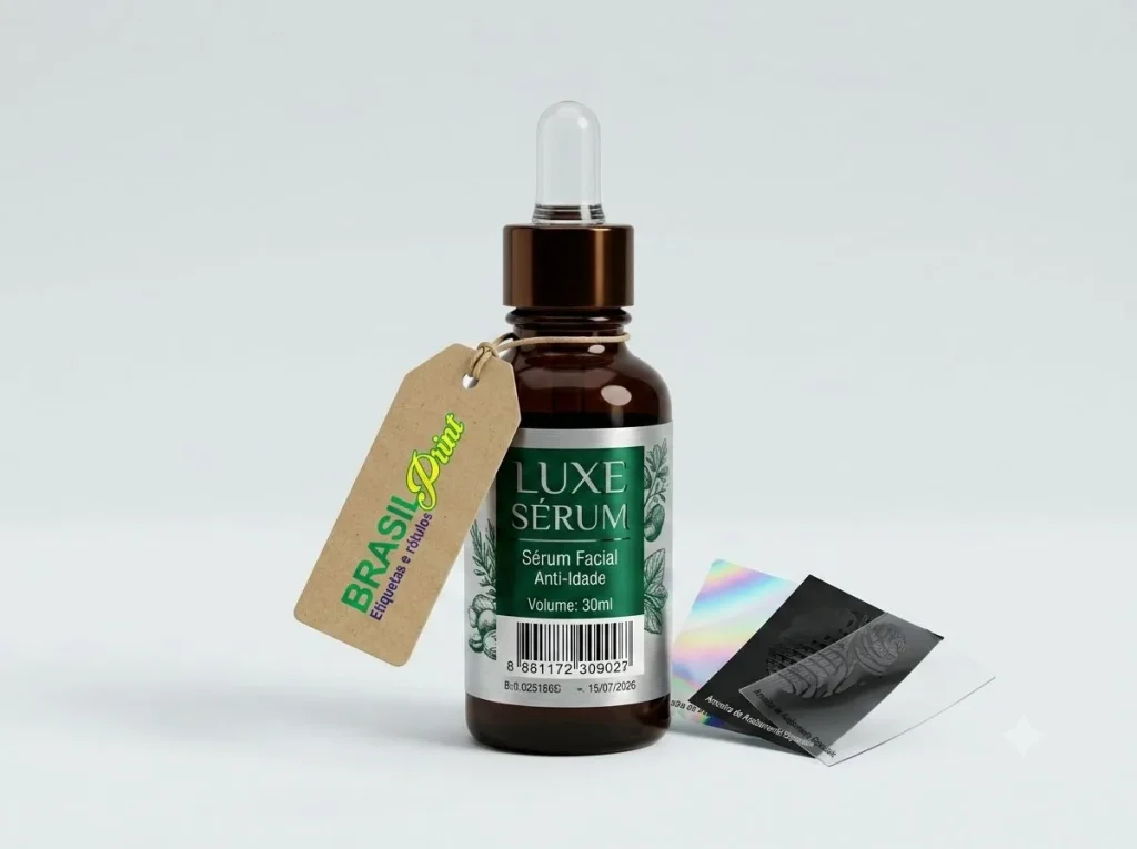 Frasco de sérum com tag kraft e etiquetas metalizada e transparente