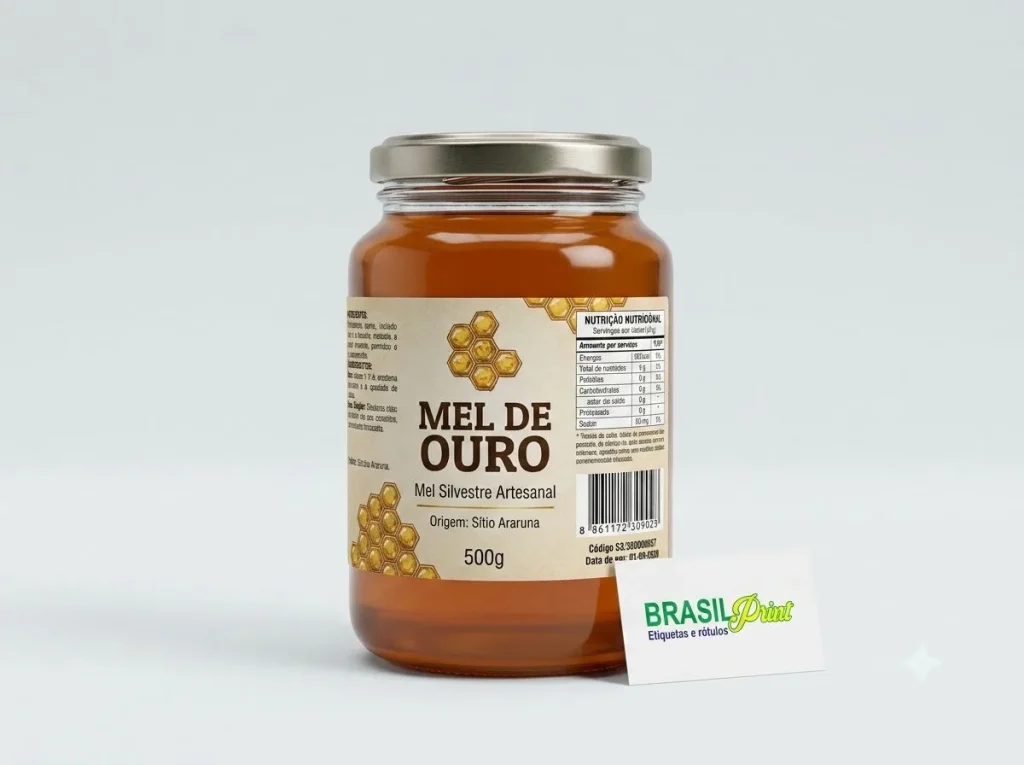 Pote de mel com rótulo impresso em papel couchê