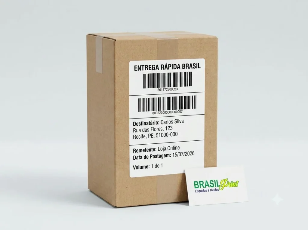 Caixa de envio com etiqueta térmica de código de barras